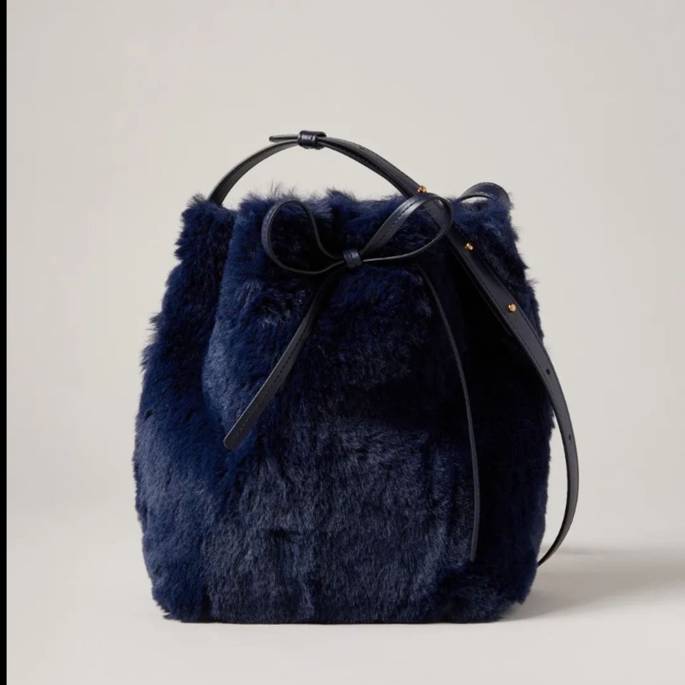 Mansur Gavriel Navy Faux Fur Drawstring Bucket Bag